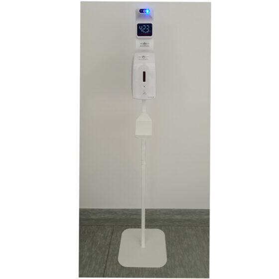 Hand sanitizing gate with battery thermometer + free hand thermometer